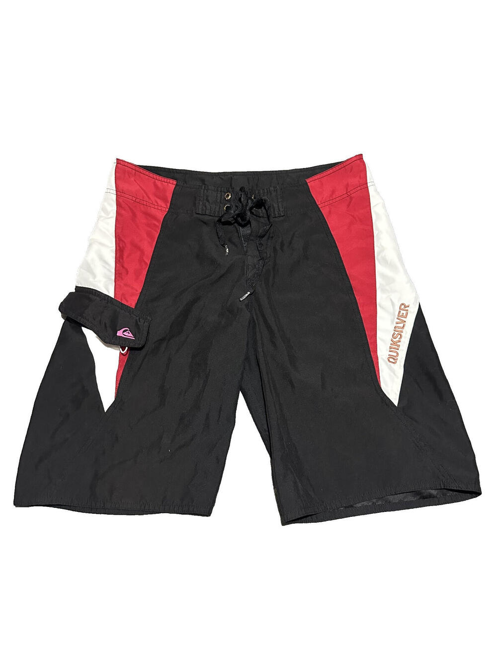 Quicksilver Board Shorts Black Red White Zip Pocket Y2K Surf 34 Large L Surf